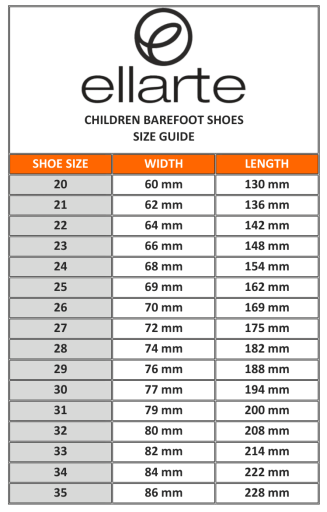 Ellarte Children Barefoot Shoes Size Guide